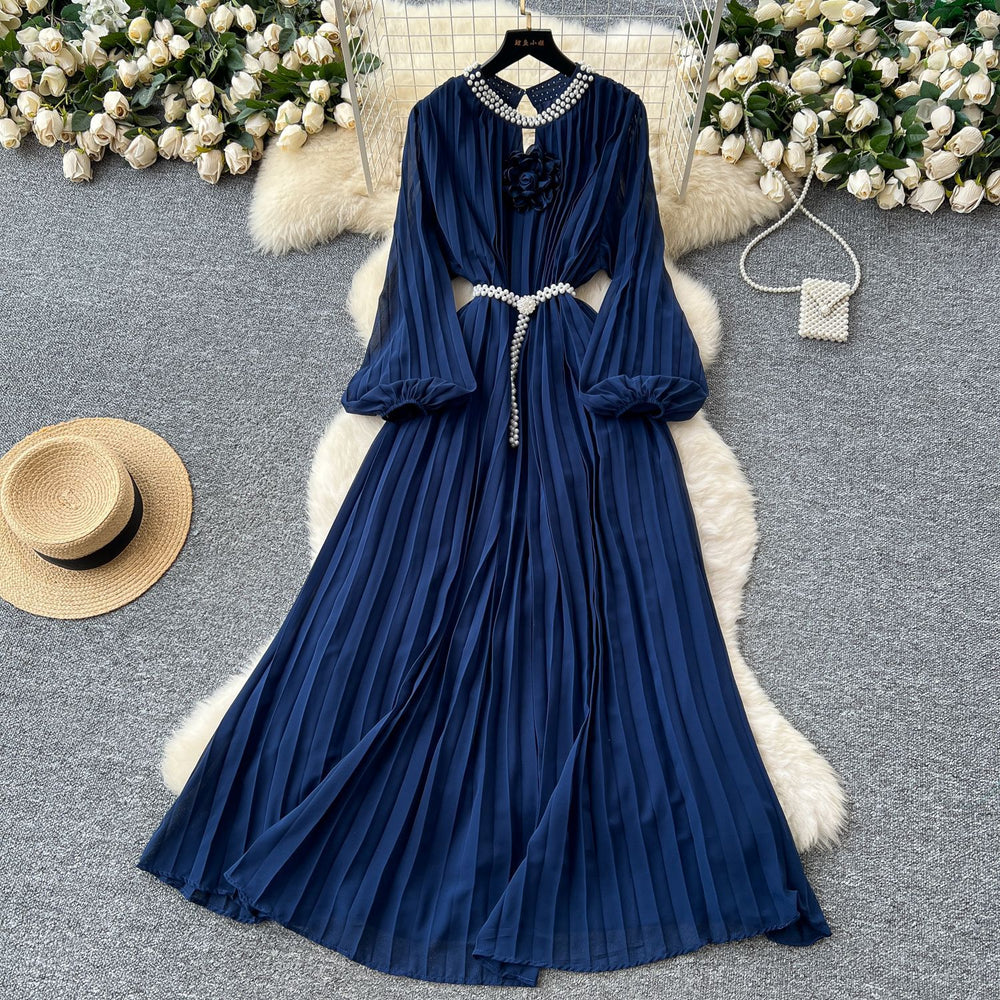 Frenchclassy heavy industry studded cut out round neck stereo flower lantern sleeves strappy waist pleated chiffon dress