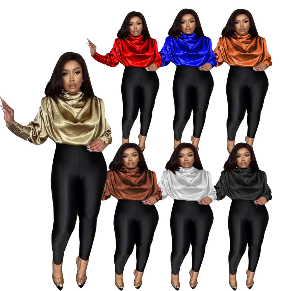 Special offer supply export women's woven topsfashionloose high collar long sleevesslimming lookshorttopsfashion popular