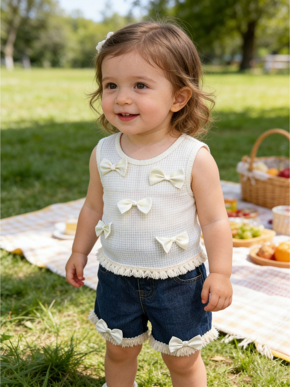 hot-selling girls' designer ribbed top with bow detail + lace-trimmed denim jeans two-piece set