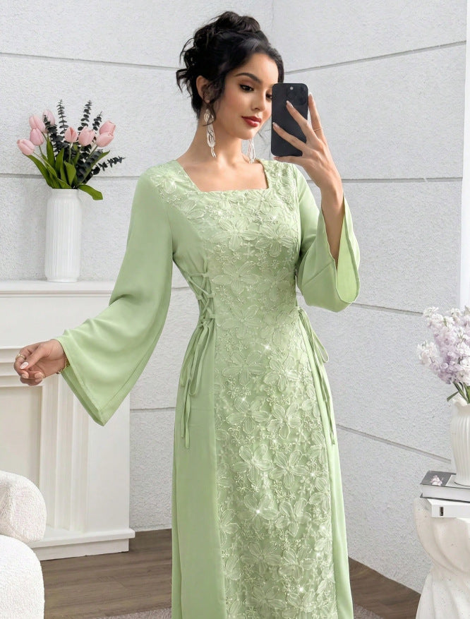 European and american cross-border  hot-selling embroidered maxi dress: sheer mesh floral long sleeve, slimming and figure-flattering, chinese style dress