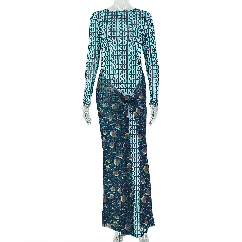 Fashion styleexport waist women's fashionelegantretro hip skirt slightly see-through round neck long sleevespatchwork trendydress