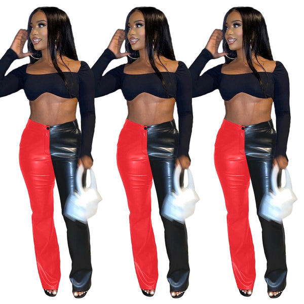 Y5217 , , European and American women's clothing, fashionable and popular color matching PU leather flared pants
