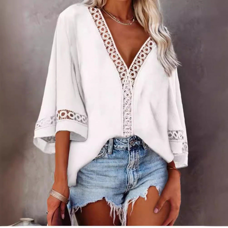 Ready-to-ship european and american style women's tops - new  blouses: v-neck hollow-out lace trim shirts