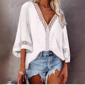 Ready-to-ship european and american style women's tops - new  blouses: v-neck hollow-out lace trim shirts