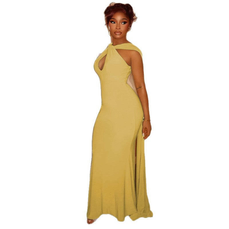 Fashion style cross-border pure color women's clothing chest-wrapped fashion silm hip-covering skirt home sexyelegant strappy long dress