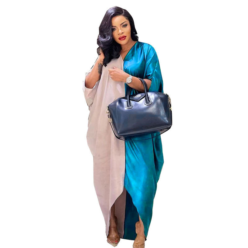 Glossy silky satinloosev neck bat sleeve mid-sleeve plaidfashion long skirt dress cross-border supply