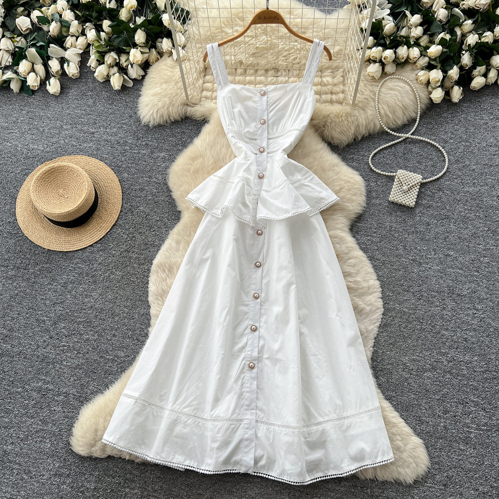 new white sleeveless a-line dress for women - summer workwear, high-waisted, fresh & chic maxi dress