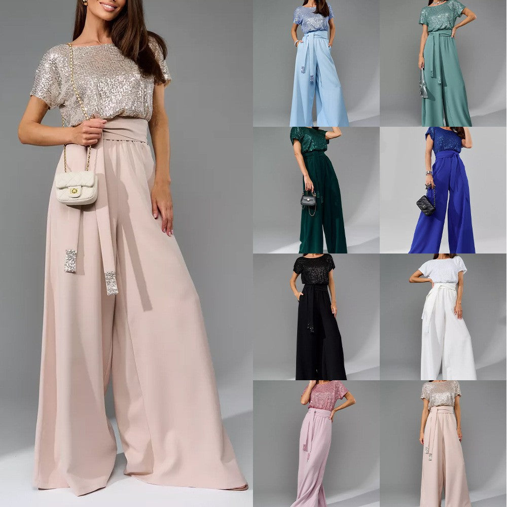 spring new arrival: cross-border  fashion - european & american style sequin bodysuit, trendy short-sleeve casual jumpsuit/pants
