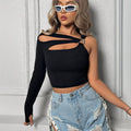 fashion cross-border women's clothing: unique street style t-shirt with asymmetrical design, cropped and exposed midriff top