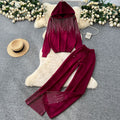 Relaxed and lazy style sweater suit women's autumloose hooded hot diamond knittingtopshigh waistloosestraight-leg pants