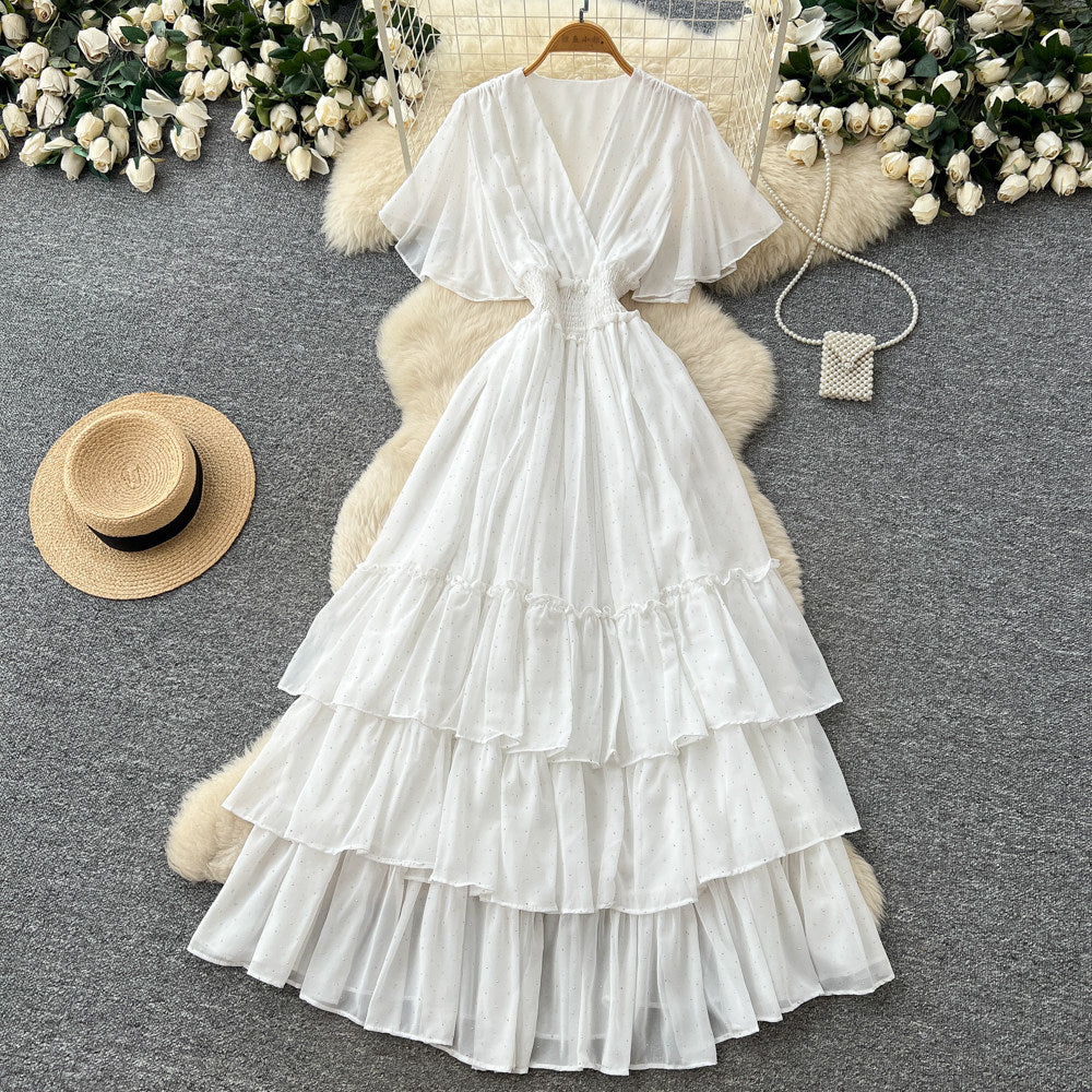Frenchv neck red polka dot elegantdress women's summer waist slimming look a-line cake skirt dopamine style