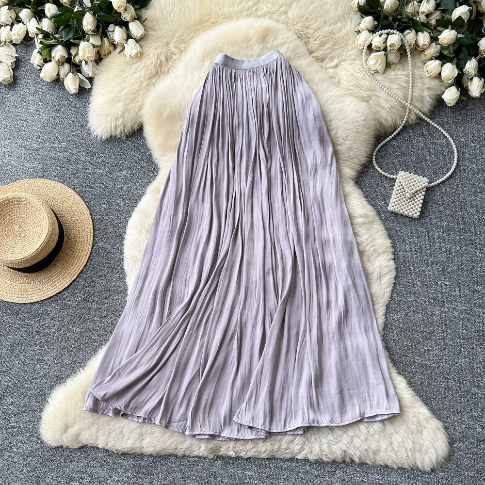 K-style high waist pleated elastic waist skirt women's summera-shaped pleated large hem work clothingelegant long skirt multi-color