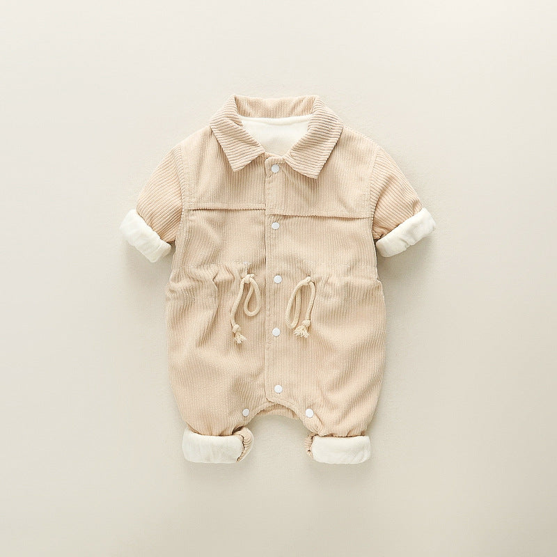 Baby outing one-piece clothes autumn winterthickened haki 0-1 years old baby boy climbing suit corduroy one-piece