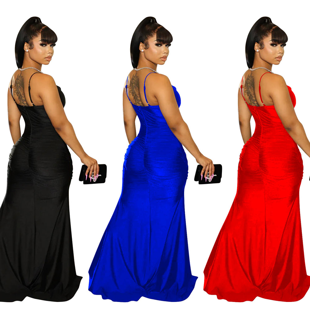 C6710 cross-border   fashion women's solid color mesh sleeveless slit slip dress