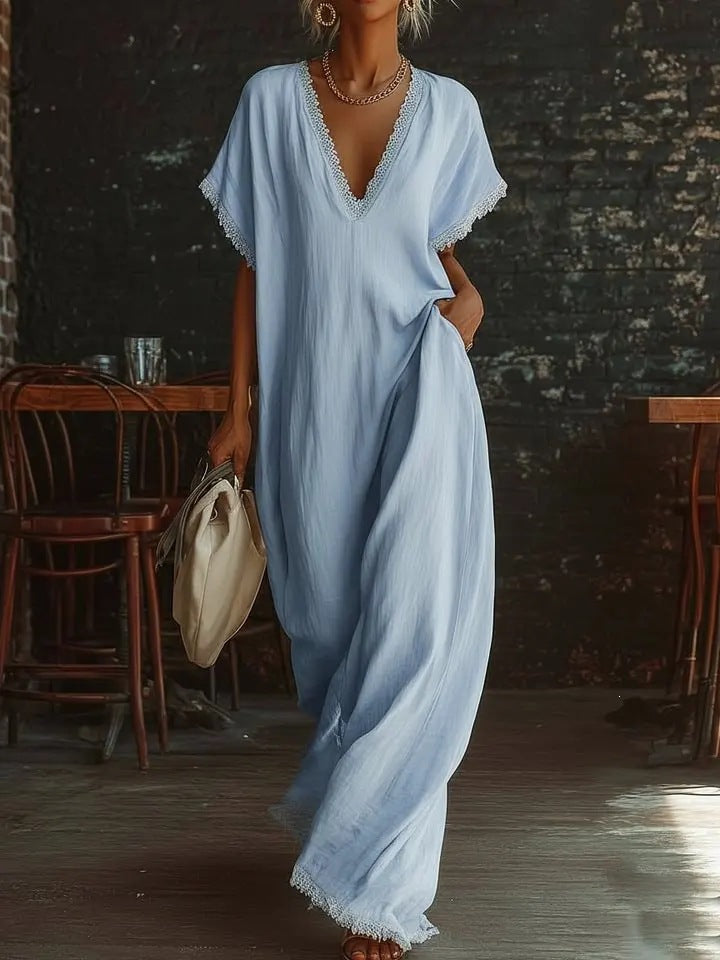 spring/summer collection: independent website, , us & european market - casual, elegant, comfortable, lace-trimmed, loose-fit linen-cotton maxi dress