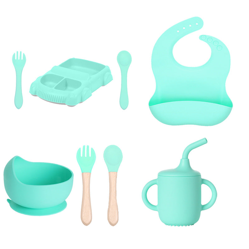 Factory new product baby silicone dinner plate large suction cup tableware set 8-piece set cartoon children's car silicone dinner plate
