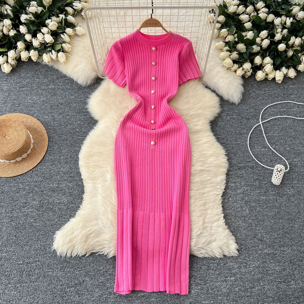 Elegant knittingnew arrivalclassy round neck single breasted short sleeve silmslimming lookfrench mid-length dress