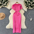 Elegant knittingnew arrivalclassy round neck single breasted short sleeve silmslimming lookfrench mid-length dress