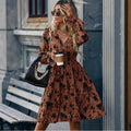 fashion women's clothing   autumn fashion v necklong sleeves leaf mid-waist large swing dress