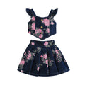 girls' summer denim outfit: sweet floral print cami top + pleated mini skirt