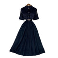 French chic black lace-trimmed dress - summer korean style short sleeve tie-waist slimming a-line maxi dress
