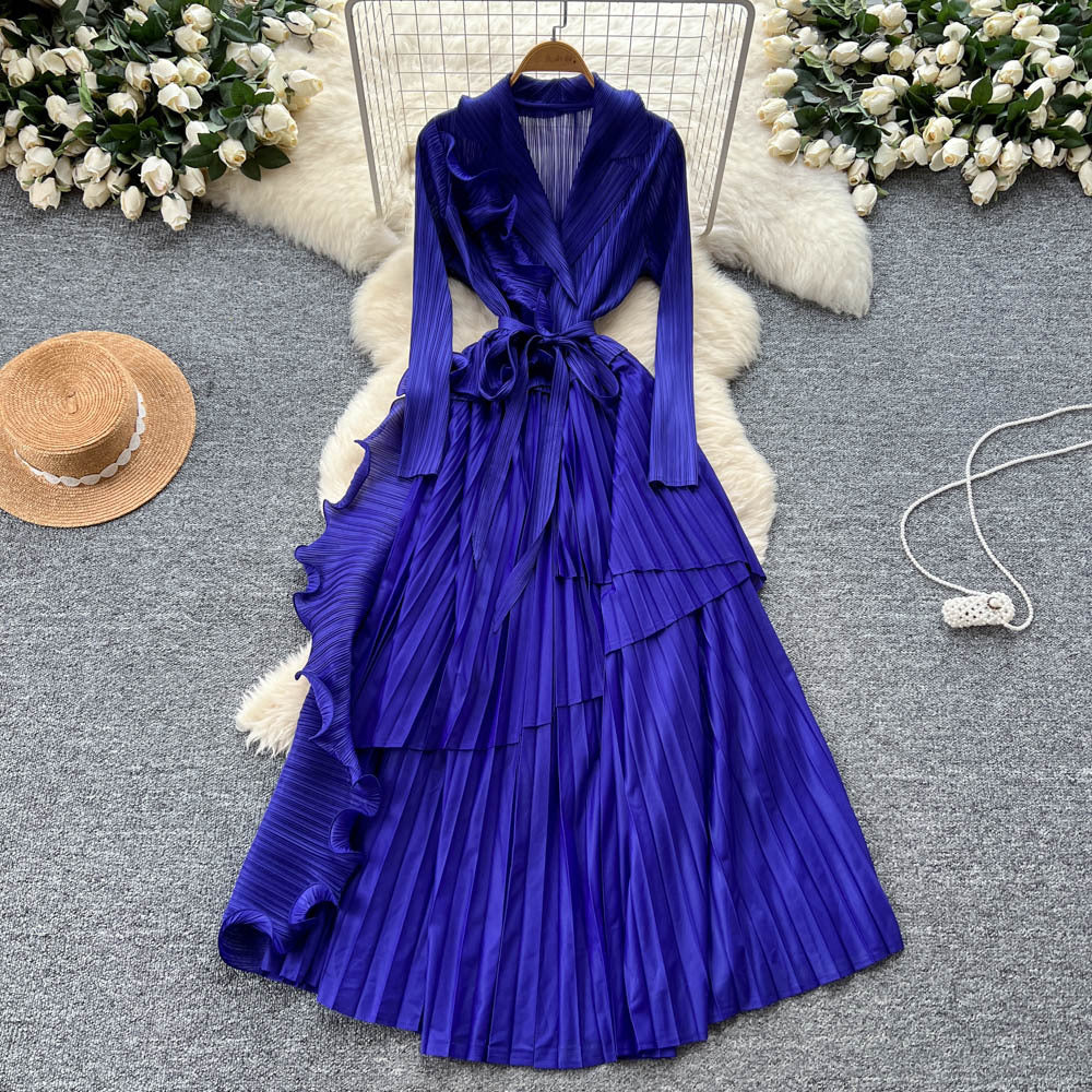 Miya pleated european and american dress women's  autumn sense of design strappy waist suit collar asymmetrical long skirt