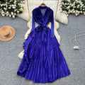Miya pleated european and american dress women's  autumn sense of design strappy waist suit collar asymmetrical long skirt