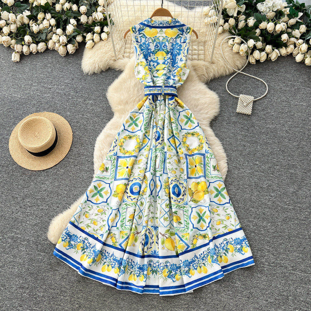 Vacation style sleeveless lapel printingdress female summer k-style strap waist a-line long skirt eleganceelegant