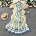 Vacation style sleeveless lapel printingdress female summer k-style strap waist a-line long skirt eleganceelegant