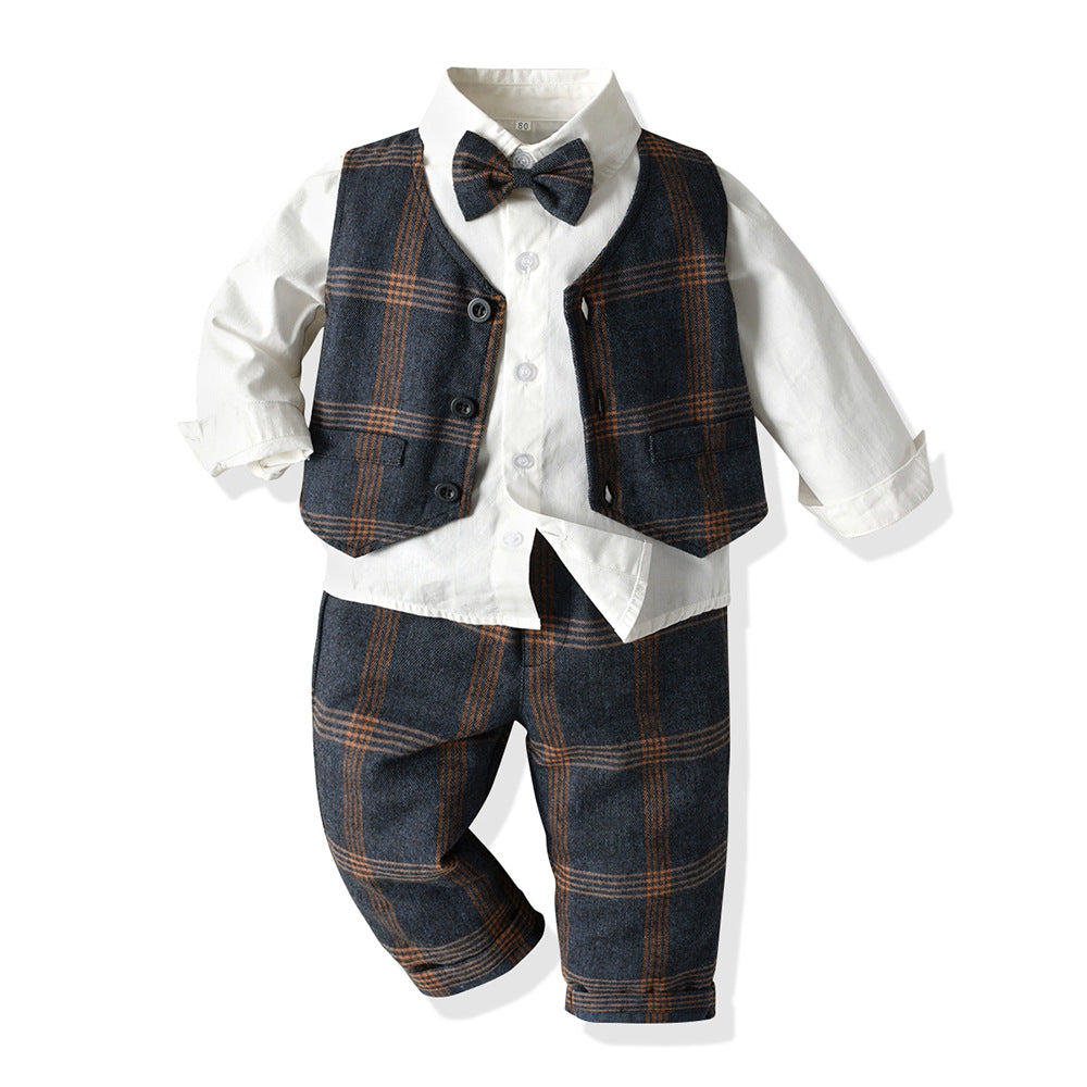 Boys' spring/autumn plaid three-piece set: trendy outfit for baby boys, flower boy style, first birthday celebration, and british-inspired formal wear