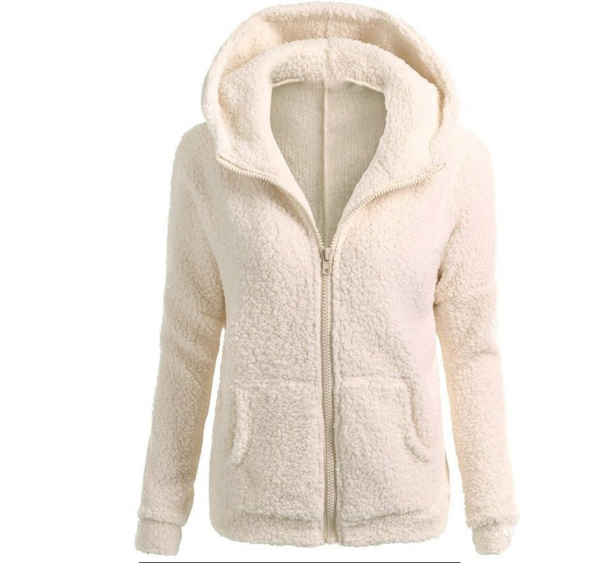 women's fashion solid color hoodie - loose fit plush zip-up jacket top