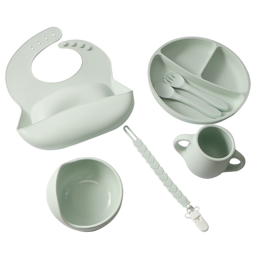 hot-selling food-grade silicone tableware 7-piece set, baby eating special tableware set, maternal and infant products supply