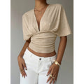 Women's light grey v-neck knotted short sleeve cropped t-shirt, ladies' summer casual wear