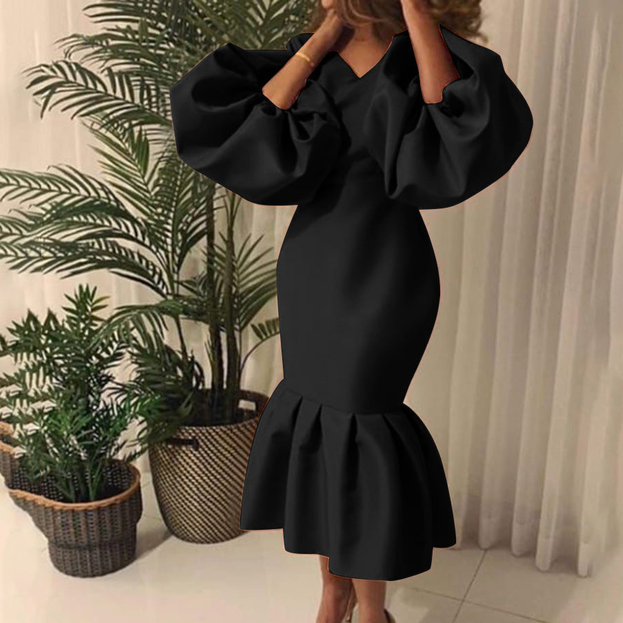 D115 cross-border sourcing: african plus-size women's fashion - solid color v-neck bubble sleeve fishtail dress, european and american style evening gown