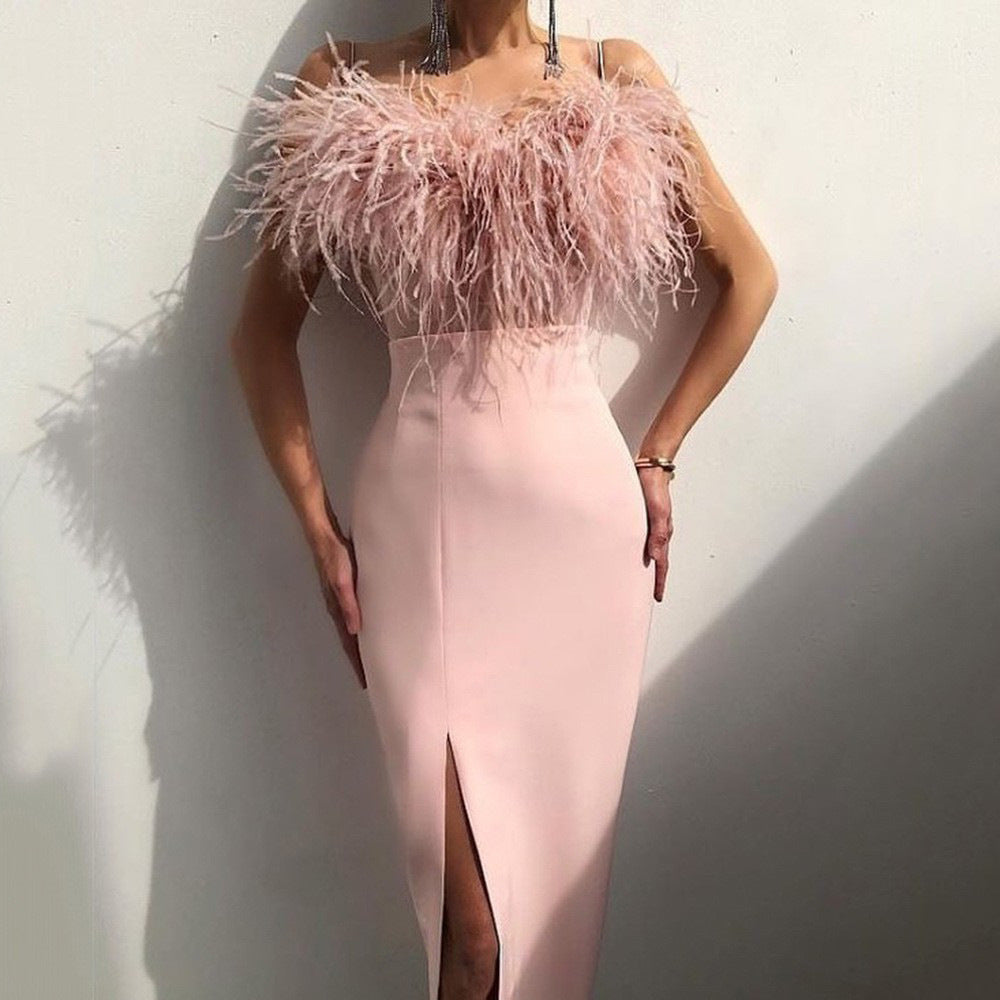 cross-border new spring/summer european and american style women's camisole feather dress - banquet, slim-fit, elegant, figure-flattering, sleeveless evening gown