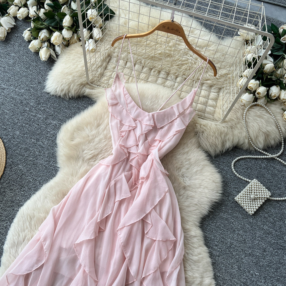 French suspender pure lust style sweet style dress women's summerruffles waist cross backless holiday style long skirt