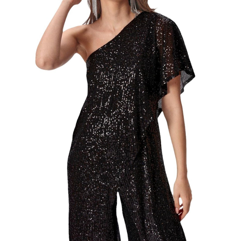 European and american cross-border women's high-end sleeveless bodycon belted dress, amazon one-shoulder sequin ruched jumpsuit