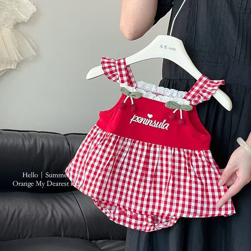 baby bodysuit summer new sweet cherry plaid romper baby girl suspender dress first birthday outfit trendy
