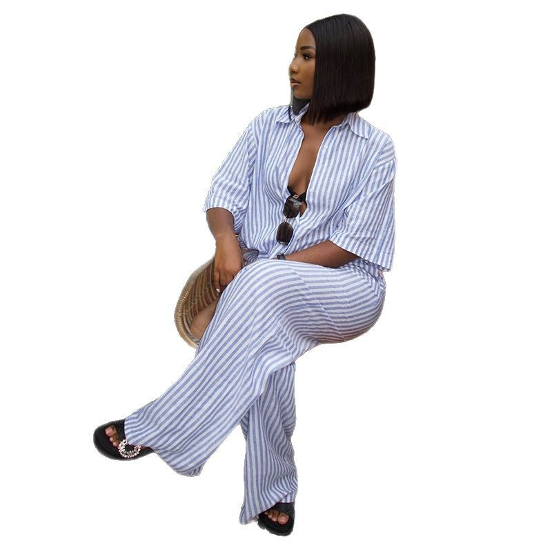 European and american cross-border women's clothing:  summer new arrival - casual turn-down collar three-quarter sleeve striped shirt and high-waisted pants two-piece set