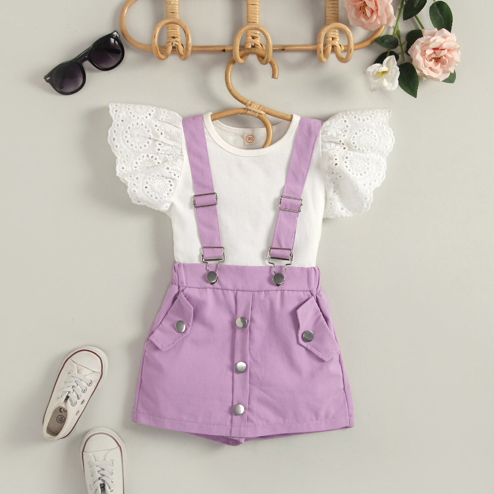 European and american cross-border e-commerce new arrival: girls' solid color hollow-out flutter sleeve crew neck top with detachable strap shorts two-piece set