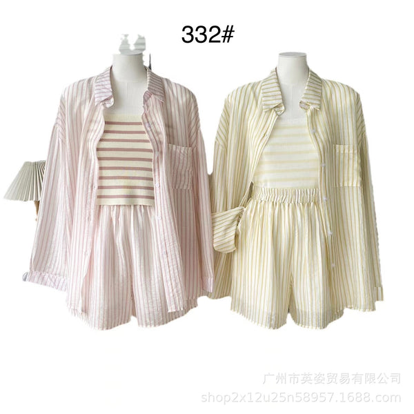 Casual Comfort Suit Shirt with Striped Vest Spring and Summer Straight Shorts Three-piece Yingzi Fashion Shirt