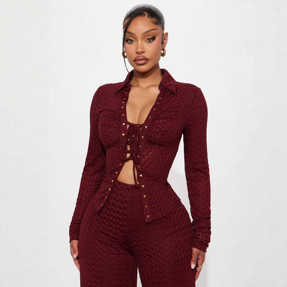 autumn women's casual turn-down collar long sleeve tie-front shirt and pants set - summer outfit