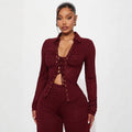 autumn women's casual turn-down collar long sleeve tie-front shirt and pants set - summer outfit