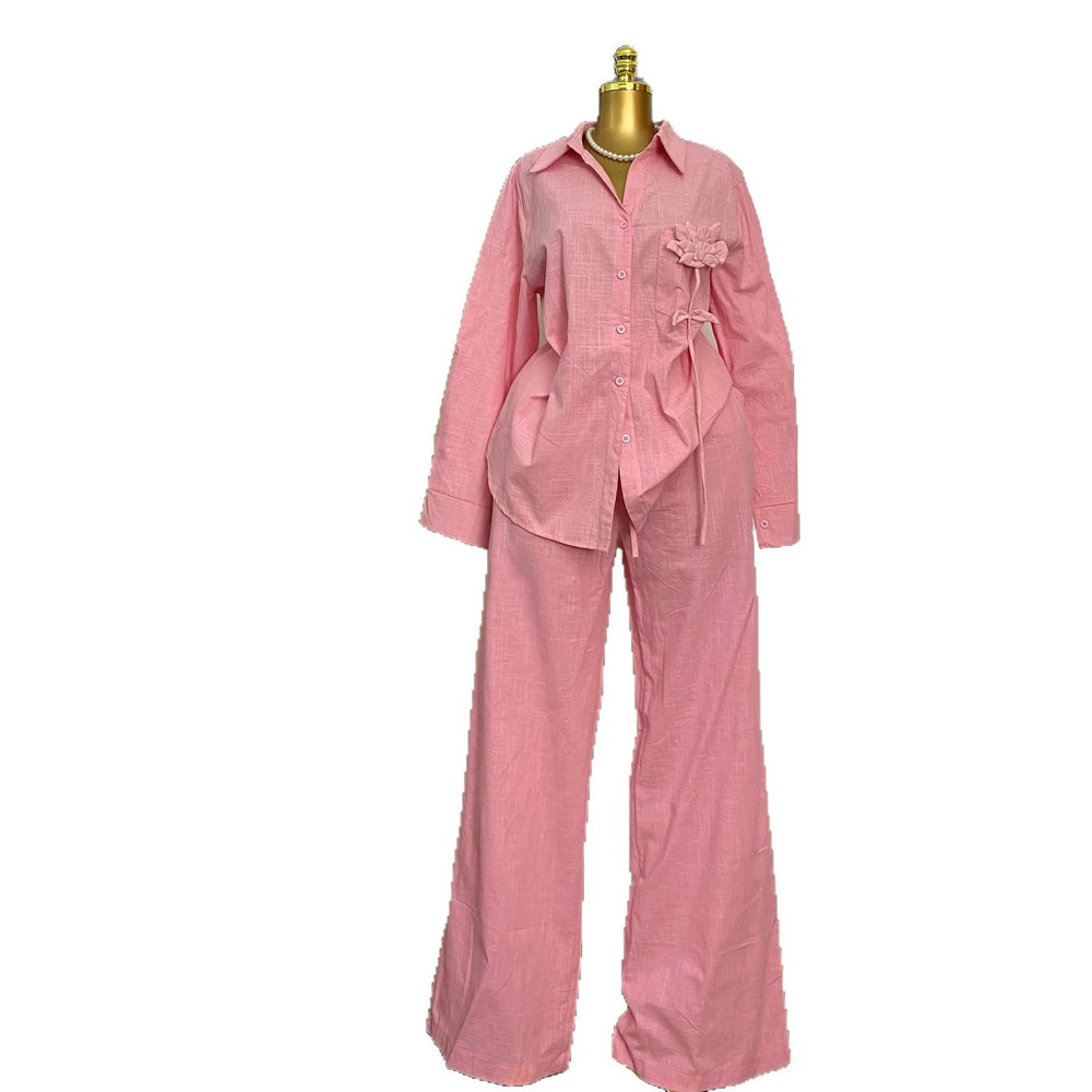 European and american cross-border women's fashion:  spring new collection - stylish, designer long-sleeve shirt and wide-leg pants casual set