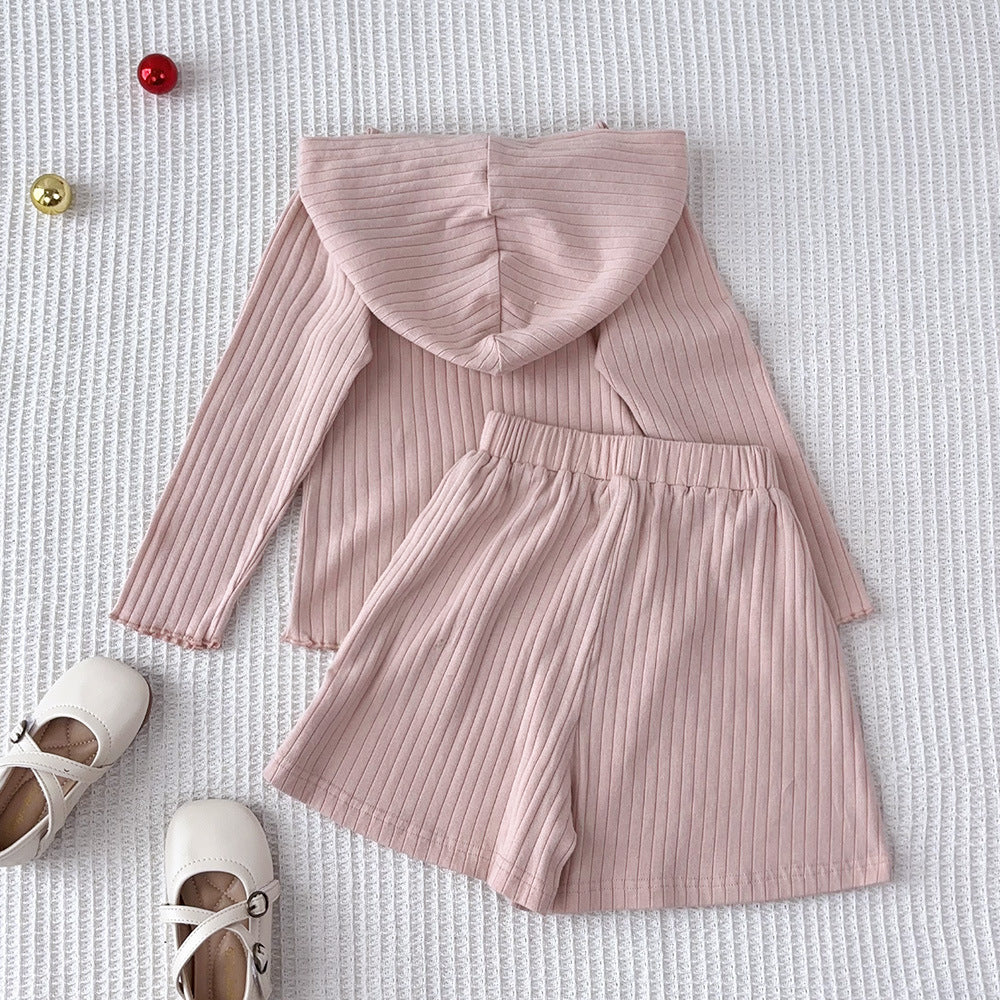 Insspring & fall clothing new girl k-stylepure colorstripes hooded long sleevestopskids wide leg shortstwo-piece set