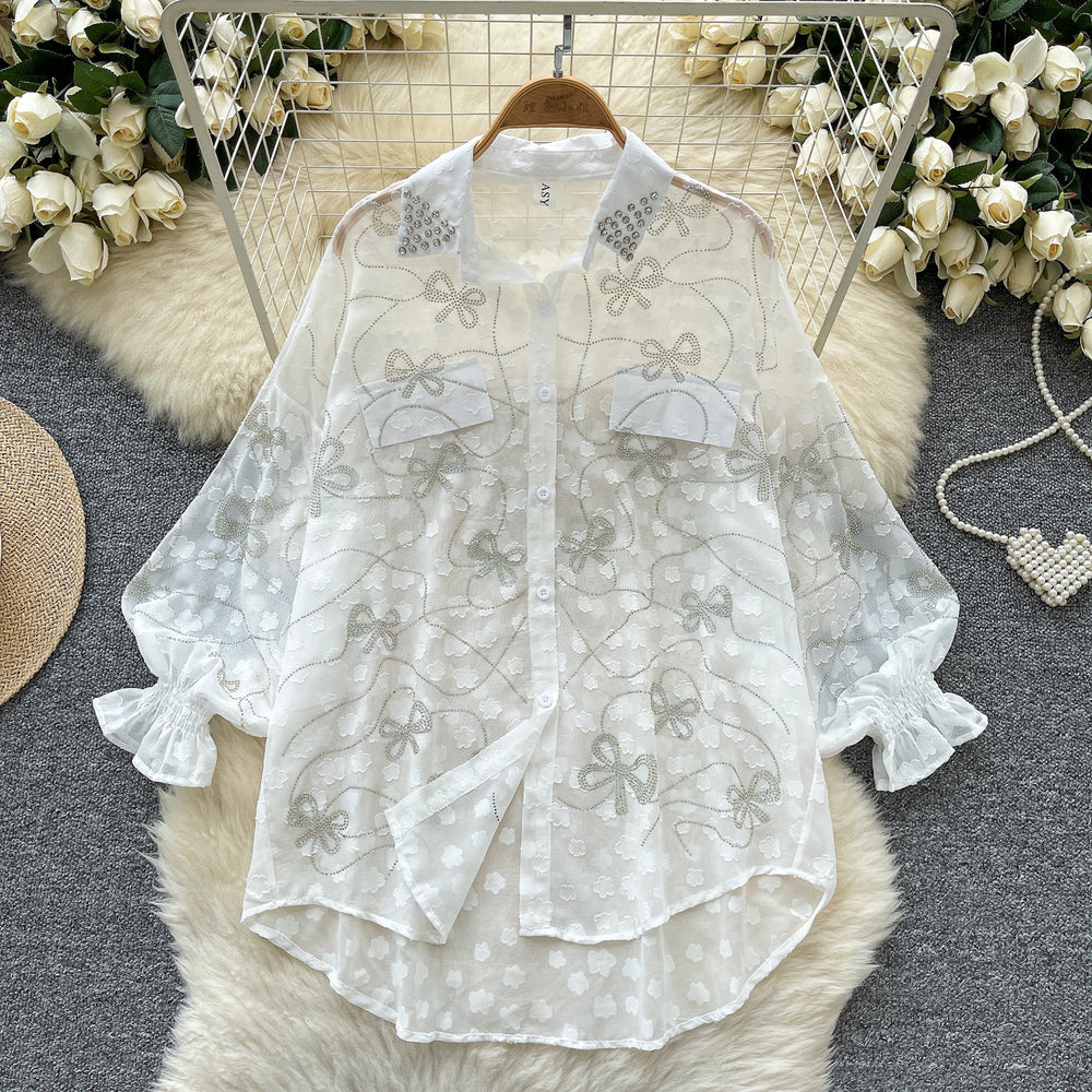 Light mature fashion heavy industry butterfly hot diamond thin long sleevesshirt women's looseslimming lookcasual single-breasted chiffon tops