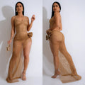 C6903 cross-border   fashion women's solid color irregular strap maxi dress