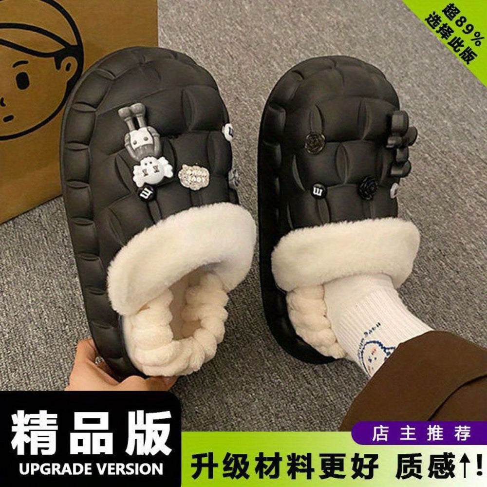 Women's winter waterproof cotton slippers - thick sole, fleece lined, closed toe, cute & cozy indoor slippers for students & dorms - removable warm insole
