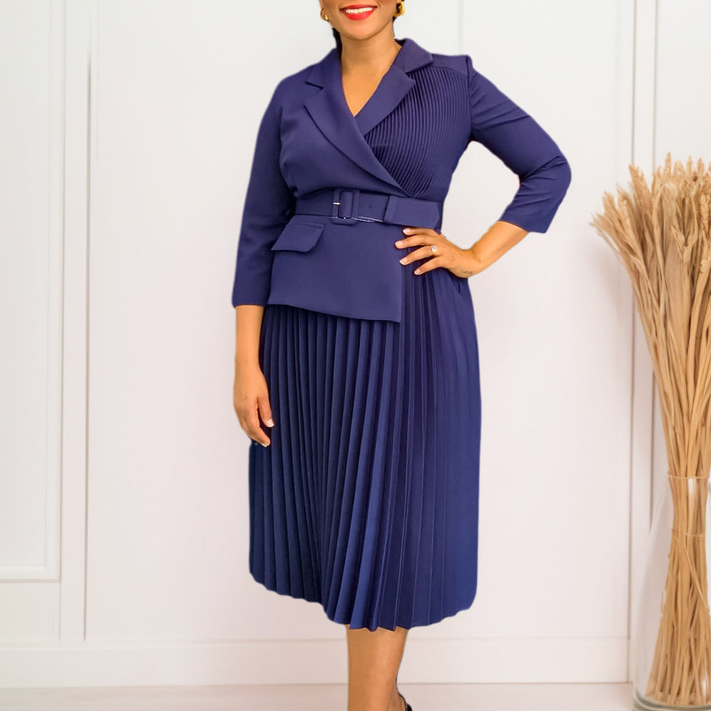 D592  independent station fashion cross-border women's clothing autumn and winter women's suit collar elegant pleated skirt african dress