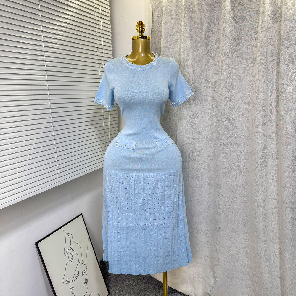 French chic beaded crew neck short sleeve knit dress - women's slimming, figure-flattering, and elegant inner layer sweater dress